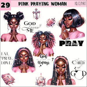 Pink Praying Black Girls Clipart, Spiritual Afro Girl Clipart, Sticker Planner, Black Family Pray Art, Love Like God Clipart