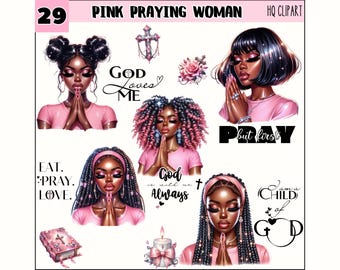 Può includere: Un set di clipart digitali con illustrazioni di donne che pregano con abiti rosa e varie citazioni ispiratrici, tra cui "Dio mi ama", "Prega ma prima", "Dio è sempre con me" e "Sono un figlio di Dio".