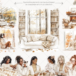 May include: Watercolor illustrations of cozy interior scenes with a fall theme. The image includes a library, a fireplace, a window with a view of trees, and women reading. The text reads "Decorative elements can be purchased as a separate set or in a collection."
