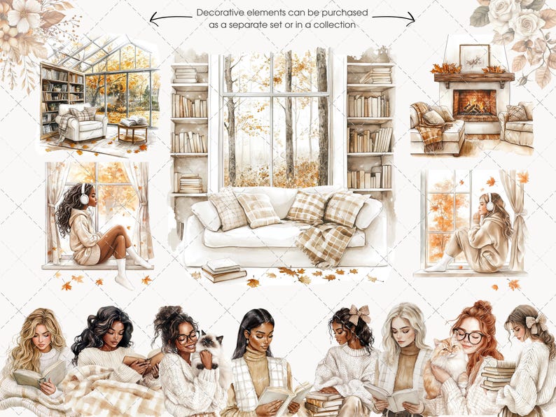 May include: Watercolor illustrations of cozy interior scenes with a fall theme. The image includes a library, a fireplace, a window with a view of trees, and women reading. The text reads "Decorative elements can be purchased as a separate set or in a collection."