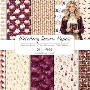 May include: A digital paper pack with various seamless patterns. Designs include pumpkins, knit textures, and floral arrangements in shades of burgundy, cream, and gold. The text "Witching Season Papers" is displayed on the image.