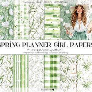 May include: A set of 20 digital papers featuring watercolor illustrations of flowers, butterflies, and books. The papers are in shades of green and white and are perfect for planners, scrapbooking, notebooks, and journaling. The text "SPRING PLANNER GIRL PAPERS" is displayed at the top of the image.