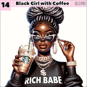 コーヒーを飲んだ黒人少女のクリップアート、黒人少女の魔法、コーヒー愛好家のクリップアート、プランナーの黒人少女、黒人少女のボス、メラニンのボスガールのバンドル