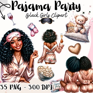 Schwarze Mädchen-Pyjama-Party, schwarze Frau Clipart, gemütliche Film Aufkleber, Pyjama-Party, Pyjama Clipart & DIY Printables, digitale Aufkleber