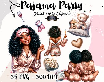 Fiesta de pijamas para niñas negras, imágenes prediseñadas de mujeres negras, calcomanías acogedoras para la hora de la película, fiesta de pijamas, imágenes prediseñadas de pijamas e imprimibles para hacer uno mismo, calcomanías digitales