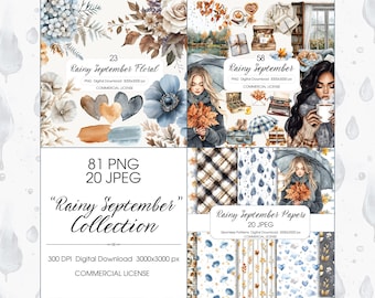 Watercolor Autumn Clipart PNG, Floral Scrapbook Stickers (Digital Download)