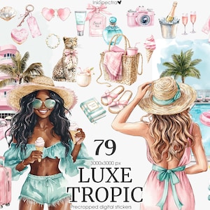 Pacchetto Clipart di Watercolor Luxe Tropic, Estate a Miami Beach, Vacanze a Palm Beach, Adesivi digitali pretagliati GoodNotes, Estetica americana