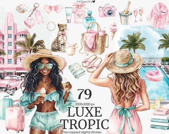 May include: Watercolor illustration with a tropical theme. Features two women, a pink hotel, and various beach accessories like sunglasses, a straw hat, and a flamingo float. The text "LUXE TROPIC" is also visible.
