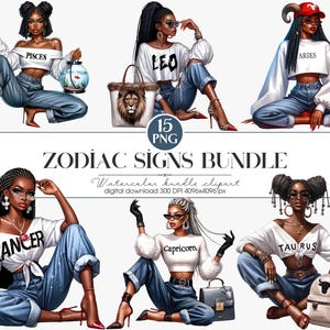 Black Girl Zodiac Clipart | Astrology Digital Stickers | Horoscope Signs PNG | Zodiac Printable Art | Aquarius Virgo Libra PNG
