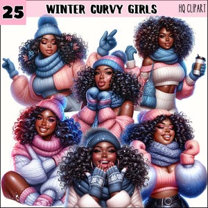 Winter bochtige meisjes clipart, zwarte vrouw clipart, aquarel gezellige winter, mode zwart meisje clipart, kerst clipart, planner meisje clipart