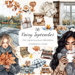 Watercolor Rainy September Clipart Bundle, Cottagecore Planner Stickers (Digital Download)