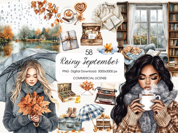 Watercolor Rainy September Clipart Bundle, Cottagecore Fall Aesthetic, Reading, Umbrellas, Planner Stickers, Journaling PNG, Scrapbooking