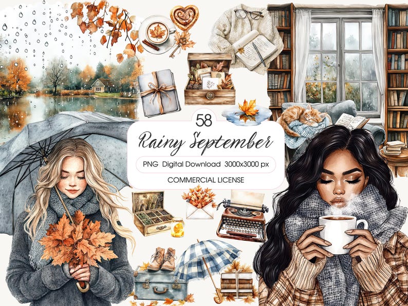 May include: Watercolor illustration with a fall theme. Features a woman holding a bouquet of leaves, a woman drinking from a mug, and other fall-themed items. The text "Rainy September" is displayed.