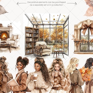 May include: Watercolor illustrations featuring cozy autumn scenes and stylish women. The image includes a fireplace, a sunroom with a view, and a balcony with fall foliage. Women are depicted in fall attire, holding books and coffee.