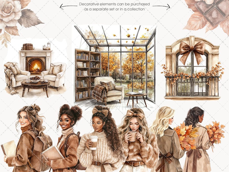 May include: Watercolor illustrations featuring cozy autumn scenes and stylish women. The image includes a fireplace, a sunroom with a view, and a balcony with fall foliage. Women are depicted in fall attire, holding books and coffee.