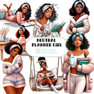 May include: Digital clipart set featuring illustrations of a woman in various relaxed poses. The images showcase the woman in loungewear, reading, writing, and enjoying coffee. The text reads "NEUTRAL PLANNER GIRL" and "32 high quality digital clipart."