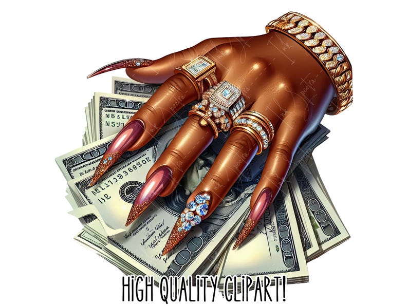 May include: A hand with long, manicured nails adorned with gold rings and a gold bracelet, holding a stack of US dollar bills. The nails are painted a deep red colour and have a glossy finish. The rings are set with sparkling diamonds.