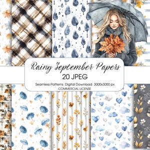 May include: Digital paper pack titled "Rainy September Papers" featuring 20 JPEG seamless patterns. The patterns include watercolor illustrations of autumn leaves, umbrellas, rain drops, and floral designs in shades of brown, blue, and gray.
