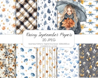 May include: Digital paper pack titled "Rainy September Papers" featuring 20 JPEG seamless patterns. The patterns include watercolor illustrations of autumn leaves, umbrellas, rain drops, and floral designs in shades of brown, blue, and gray.