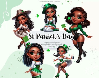 May include: Four digital illustrations of Black women dressed in green and white outfits with shamrock accents. The women are wearing hats and have long black hair. The text "St. Patrick's Day" is written in a green and white font.