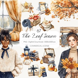 Könnte beinhalten: Aquarell-Illustration mit Herbstmotiven. Enthält Kürbisse, Äpfel, Bücher, einen Picknickkorb und eine Bank. Der Text "The Leaf Season" wird angezeigt. Das Bild hat eine warme Farbpalette mit Orange-, Braun- und Beigetönen.