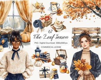 May include: A watercolour illustration with autumn themes. It features pumpkins, apples, books, a picnic basket, and a bench. The text "The Leaf Season" is displayed. The image has a warm colour palette with shades of orange, brown, and beige.