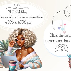 May include: A digital illustration of a woman with blonde curly hair working on a laptop. She is wearing a white and blue sweater and a gold necklace with a heart pendant. The background includes a stack of folders, a planner, and a potted plant. The text "BOSS LADY" is on a pink and white coffee cup. The text "Click the heart, never lose the goods" is in a circle with a heart shape.