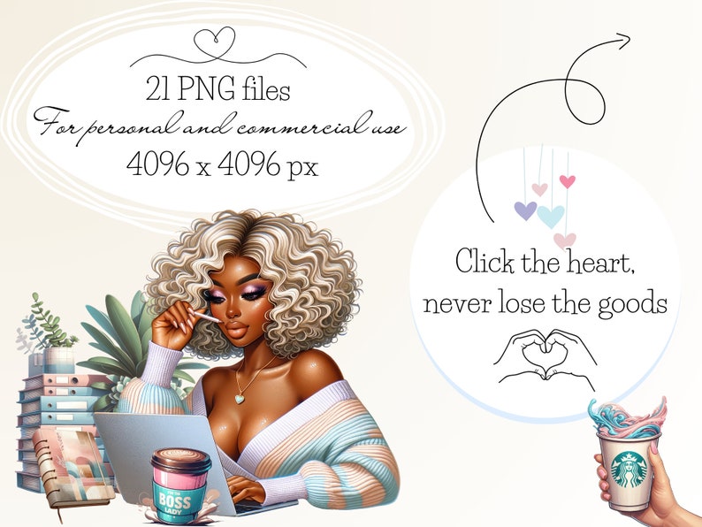May include: A digital illustration of a woman with blonde curly hair working on a laptop. She is wearing a white and blue sweater and a gold necklace with a heart pendant. The background includes a stack of folders, a planner, and a potted plant. The text "BOSS LADY" is on a pink and white coffee cup. The text "Click the heart, never lose the goods" is in a circle with a heart shape.