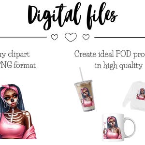 May include: Digital clipart featuring a woman with a pink and black skull face paint, wearing a pink top and holding a coffee cup. The text "Spooky Mom" is visible on the cup. The clipart is suitable for creating products like mugs, t-shirts, and phone cases.