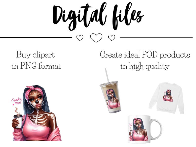 May include: Digital clipart featuring a woman with a pink and black skull face paint, wearing a pink top and holding a coffee cup. The text "Spooky Mom" is visible on the cup. The clipart is suitable for creating products like mugs, t-shirts, and phone cases.
