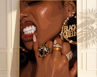 May include: A framed digital art print depicting a close-up of a person with dark skin, glossy lips, and white teeth with decorative gems. The person wears large gold bamboo hoop earrings with the text BLACK QUEEN and several gold rings.