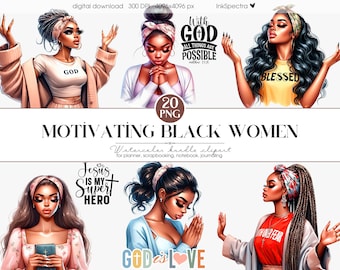 Praying Black Women Clipart Bundle, Christian Planner Girls (PNG)