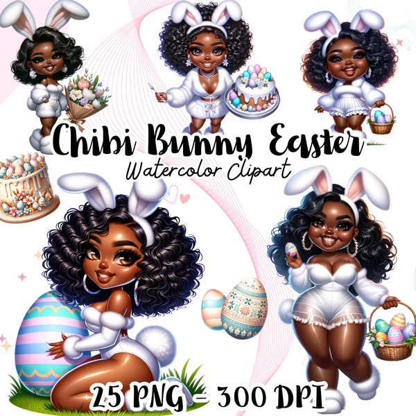 Black Bunny Easter Clipart Bundle, Chibi Bunny Clipart PNG, Whimsical Eastern, Happy Easter png, Whimsical spring Easter, Easter Basket Png