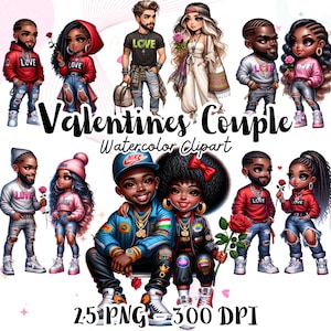 Clipart couple noir Saint-Valentin, cadeau Saint-Valentin, Saint-Valentin imprimable, Saint Valentin Chibi Art PNG, Illustrations romantique couple noir