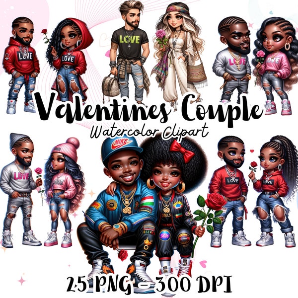 Black Couples Valentine Clipart,Valentine gift, Valentine Printable, Valentines Day Chibi Art PNG, Romantic Black Couple Illustrations