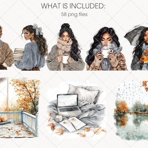 May include: Watercolor illustrations featuring women in cozy autumn attire, holding coffee, books, and an umbrella. Additional images include a porch with fall foliage, a laptop on a bed, and a lakeside scene. Text reads "WHAT IS INCLUDED: 58 png files."