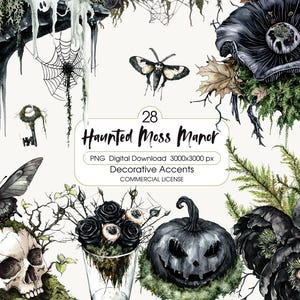 May include: Watercolor digital download featuring a spooky theme. The image includes a skull, butterflies, a jack-o'-lantern, and floral arrangements. The text reads "Haunted Moss Manor" and "Decorative Accents".