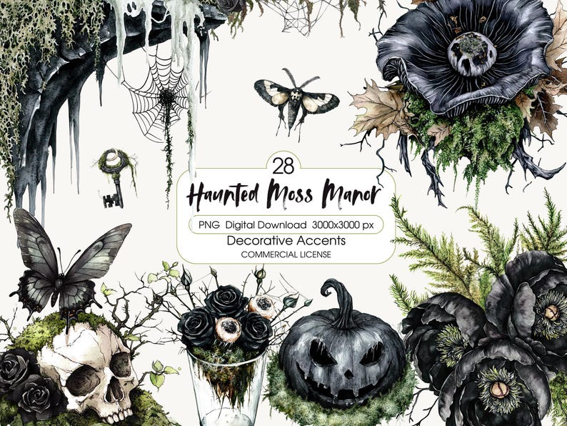 May include: Watercolor digital download featuring a spooky theme. The image includes a skull, butterflies, a jack-o'-lantern, and floral arrangements. The text reads "Haunted Moss Manor" and "Decorative Accents".