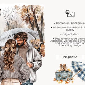 May include: Watercolor illustration of a couple under an umbrella in a park setting. The image features a man and woman, with autumn leaves and a vintage suitcase. The text "InkSpectra" is also visible.