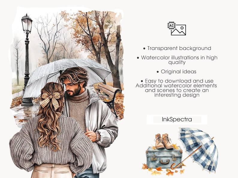 May include: Watercolor illustration of a couple under an umbrella in a park setting. The image features a man and woman, with autumn leaves and a vintage suitcase. The text "InkSpectra" is also visible.