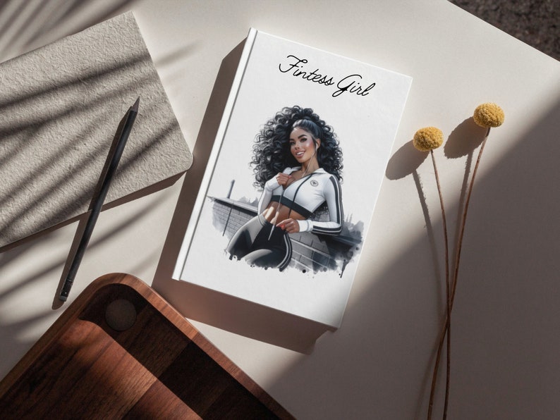 May include: A white notebook with the text "Fitnes Girl" on the cover. The notebook features a black and white illustration of a woman wearing a white and black athletic outfit.