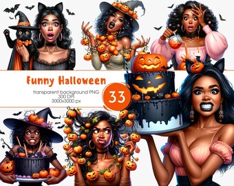 May include: A digital illustration featuring several women in Halloween-themed attire. The image includes pumpkins, bats, and a black cat. Text reads "Funny Halloween" with details about the image's resolution and a number 33.