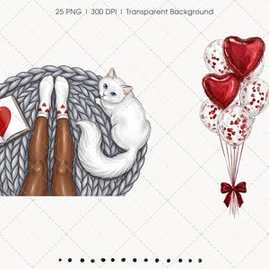 May include: Illustration of a cozy scene with a white cat, legs in socks with hearts, and a book with a red heart. A bundle of heart-shaped balloons with a red bow is also present. The image has the text "25 PNG | 300 DPI | Transparent Background".