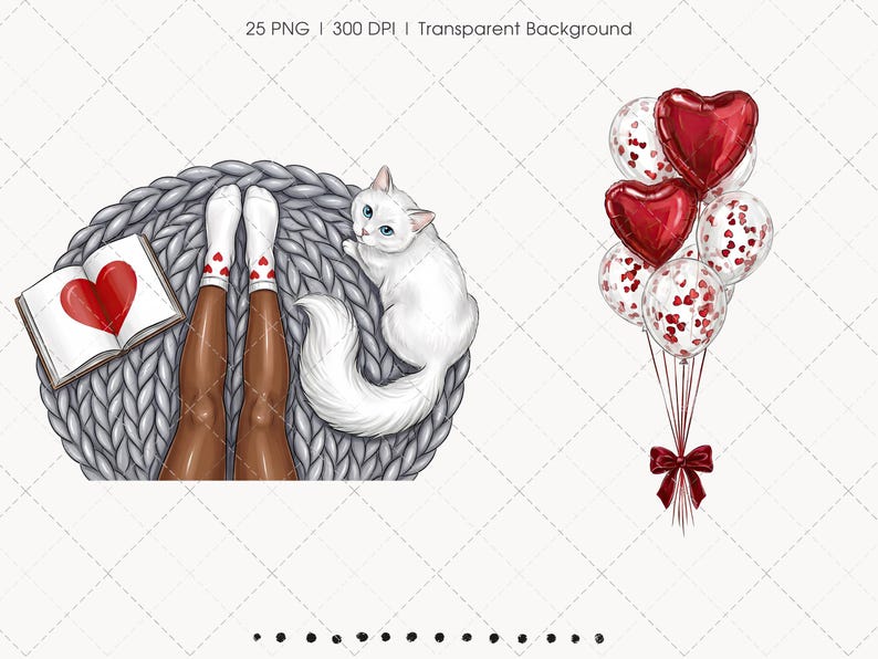May include: Illustration of a cozy scene with a white cat, legs in socks with hearts, and a book with a red heart. A bundle of heart-shaped balloons with a red bow is also present. The image has the text "25 PNG | 300 DPI | Transparent Background".