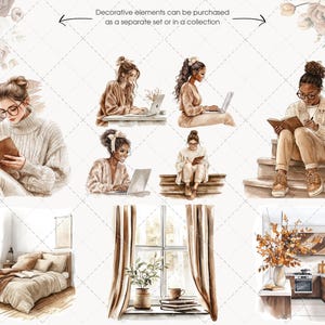 May include: Watercolor illustrations of women reading, using laptops, and relaxing in cozy settings. The image includes a bedroom, a kitchen, and a window with curtains. Decorative elements can be purchased as a separate set or in a collection.