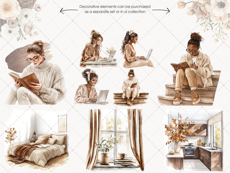 May include: Watercolor illustrations of women reading, using laptops, and relaxing in cozy settings. The image includes a bedroom, a kitchen, and a window with curtains. Decorative elements can be purchased as a separate set or in a collection.