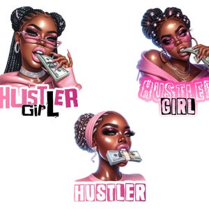Op de afbeelding: Drie digitale illustraties van vrouwen met roze kleding en zwarte vlechten. Elke vrouw bijt in een stapel geld. De tekst "Hustler Girl" staat in roze en witte letters onder de eerste twee afbeeldingen. De tekst "Hustler" staat in roze en witte letters onder de derde afbeelding.