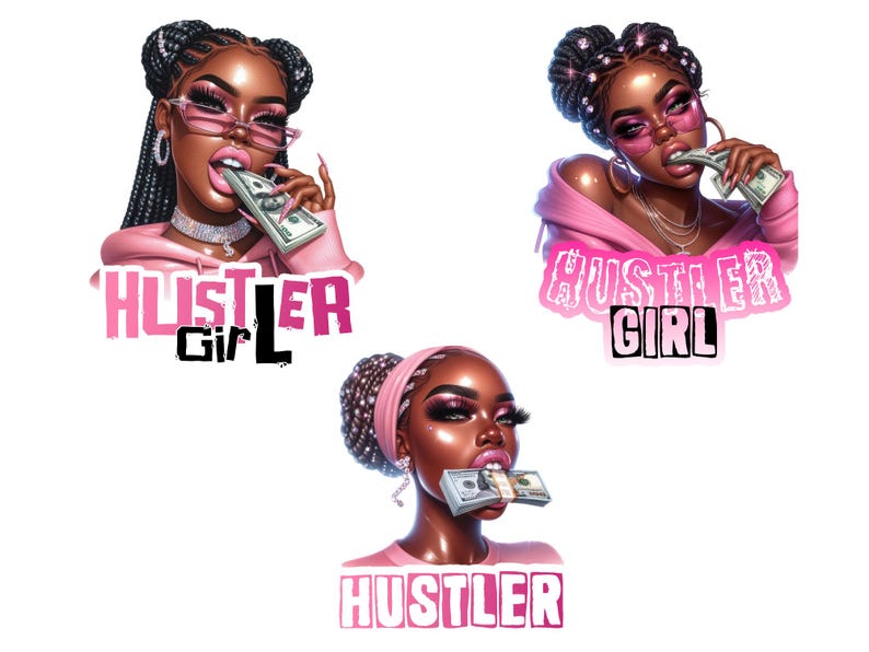 Op de afbeelding: Drie digitale illustraties van vrouwen met roze kleding en zwarte vlechten. Elke vrouw bijt in een stapel geld. De tekst "Hustler Girl" staat in roze en witte letters onder de eerste twee afbeeldingen. De tekst "Hustler" staat in roze en witte letters onder de derde afbeelding.