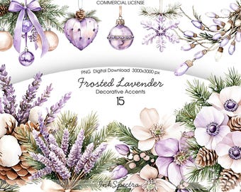 Watercolor Winter Decor Clipart PNG, Christmas Ornament, Winter Floral Lavender Decorations, Digital Download