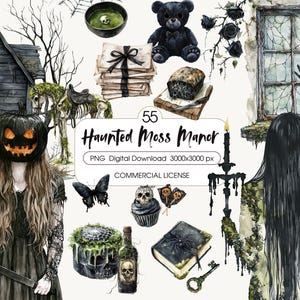 May include: Watercolor digital art featuring a spooky Halloween theme. Includes a haunted house, a figure with a jack-o'-lantern head, a black teddy bear, and other eerie elements. The text reads "Haunted Moss Manor".